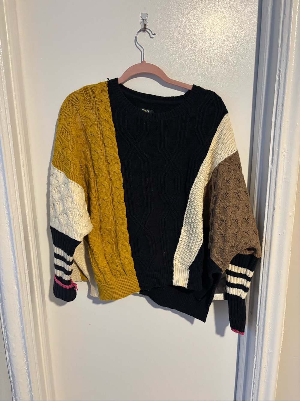 Maeve Colorblock Cable Knit Sweater - Black, Mustard, Cream & Brown